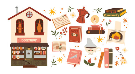 Bookstore stickers and autumn decor. Cozy shapes attributes of autumn: plants, leaves, books, fireplace, warmth and coziness. Cute library stickers in retro cartoon doodle style