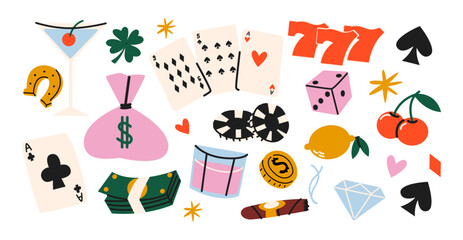 Casino and gambling sticker set in retro cartoon style. Playing cards, poker chips, dice, roulette wheel, slot machines, lucky sevens - fun casino elements in trendy retro doodle style.. © Limpreom