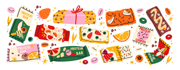 Set of muesli bars, healthy fitness snacks. Granola with dried fruits, nuts, candied fruits, coconut. Energy muesli snack stickers	
