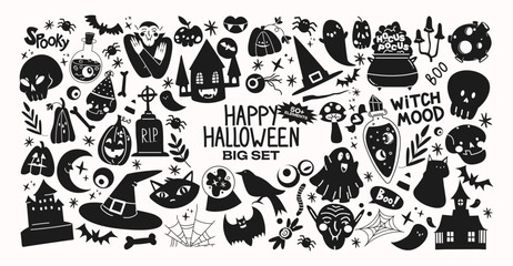 Halloween stickers and scary magic in cartoon style 90s. Vintage witchcraft pattern: skull, pumpkin, witch, ghosts, eye, potion. Spooky scary groovy shapes set.