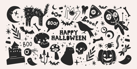 Fototapeta premium Halloween stickers and scary magic in cartoon style 90s. Vintage witchcraft pattern: skull, pumpkin, witch, ghosts, eye, potion. Spooky scary groovy shapes set.