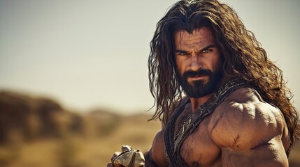 Portrait of Samson, the strongman of the Bible, muscular build with wild long hair, intense and fierce expression, holding the jawbone of a donkey