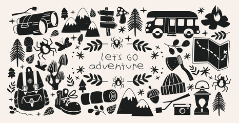 Cartoon hiking and camping pattern stickers. Travel elements: boots, backpack, fire, tent, compass. Wildlife recreation and survival, travel elements in retro doodle style. © Limpreom