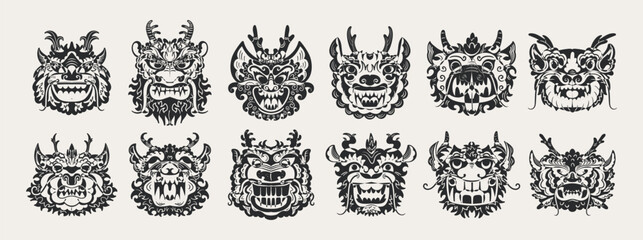 Chinese dragon heads, lunar new year. Bright traditional animal symbol of lunar year. Zodiac dragon with bonds, Asian mythical animal in cartoon doodle style.