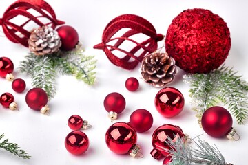 A Festive Display of Various Red Christmas Ornaments on a Bright White Background for Holiday Cheer