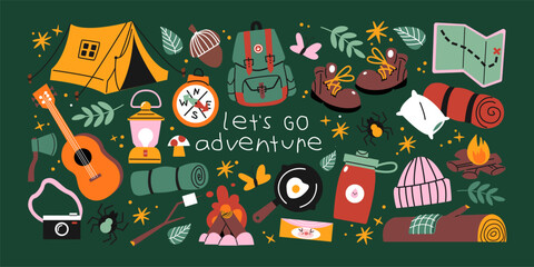 Cartoon hiking and camping stickers. Travel elements: boots, backpack, fire, tent, compass. Wildlife recreation and survival, travel elements in retro doodle style.