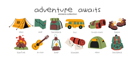 Cartoon hiking and camping stickers. Travel elements: boots, backpack, fire, tent, compass. Wildlife recreation and survival, travel elements in retro doodle style. © Limpreom