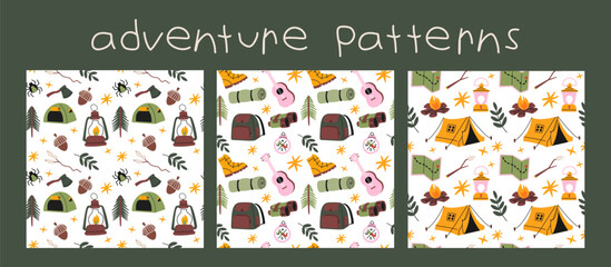 Cartoon hiking and camping patterns set. Travel elements: boots, backpack, fire, tent, compass. Wildlife recreation and survival, travel elements in retro doodle style. © Limpreom