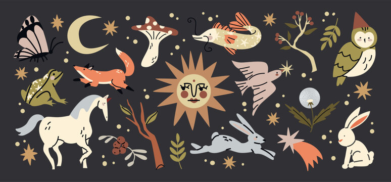 Mystical stickers of forest animals, plants, moon, sun. Folklore fairy tale motifs, magical mysterious enigmatic forest. Vector elements in cartoon style