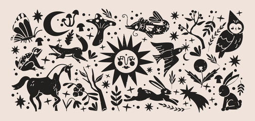 Abstract wood folk shapes with plants, animals, insects and forest elements. Ethnic folk stickers in scandinavian style. Boho silhouettes and floral patterns, doodle Scandinavian folk textile pattern