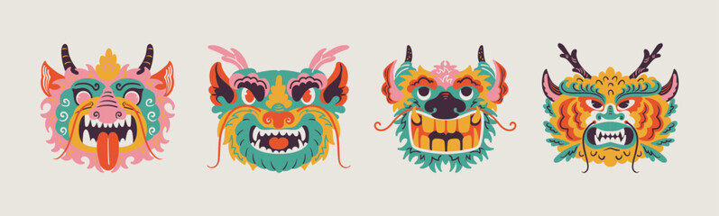 Chinese dragon heads, lunar new year. Bright traditional animal symbol of lunar year. Zodiac dragon with bonds, Asian mythical animal in cartoon doodle style.