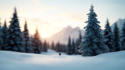 Obraz premium A serene winter landscape featuring snow-covered trees against a backdrop of majestic mountains under soft morning light.