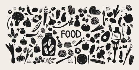 Food silhouettes: vegetables, fruits and kitchen items. Black and white minimalistic pattern of food and ingredients for cooking recipes. Cartoon shapes of supermarket products