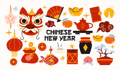 Chinese New Year stickers. Asian folk traditions, lunar New Year, mythical dragon, lantern, red envelope. Colorful shapes and holiday decorations, happy Lunar Year