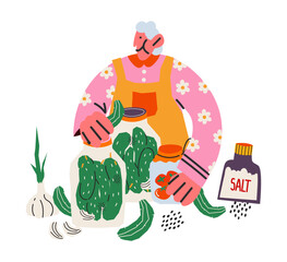 Character grandmother closes pickles for the winter in the kitchen. An elderly kind woman marinates the harvest for the winter in jars. Traditional home recipes, food in jars