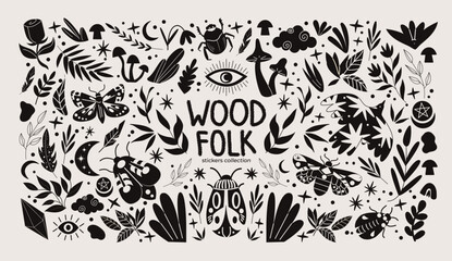 Abstract wood folk shapes with plants, animals, insects and forest elements. Ethnic folk stickers in scandinavian style. Boho silhouettes and floral patterns, doodle Scandinavian folk textile pattern © Limpreom