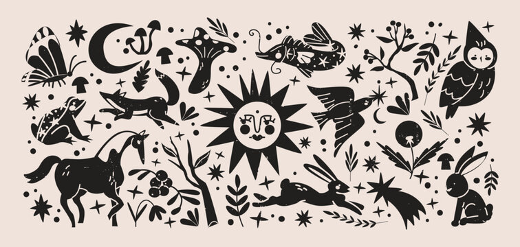 Abstract wood folk shapes with plants, animals, insects and forest elements. Ethnic folk stickers in scandinavian style. Boho silhouettes and floral patterns, doodle Scandinavian folk textile pattern