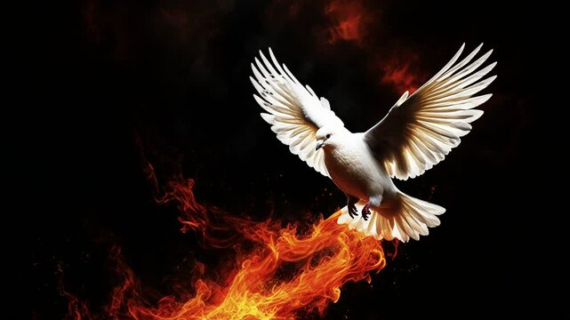 The sacred white dove floated amidst the blazing flames. The dove's feathers shine pure white, contrasting with the orange and fire red colors in the background. 4K