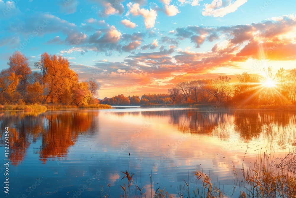Poster the sun sets in a blaze of color, casting a warm glow over the lake as trees mirror the vibrant autu