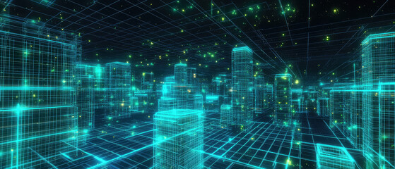 A futuristic digital cityscape glows in neon blue, represented by grid lines and geometric shapes, creating a sense of technology and innovation in a virtual world.