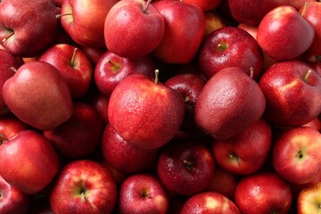 Fresh ripe red apples as background, top view