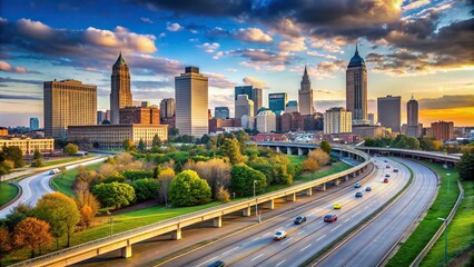 Fototapeta premium Ohio, transportation, Cuyahoga County, overpass, road, commuting, landscape, travel, traffic, Highway passing through the urban landscape of Cleveland Ohio in Cuyahoga County North America