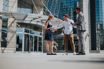 Three business professionals having an active conversation outside a contemporary office complex. A mix of informal and formal attire reflects a dynamic business exchange.