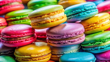 A variety of colorful macarons are arranged in a cheerful display, showcasing vibrant hues from pastel pink to bright yellow, inviting sweet lovers during the afternoon hours