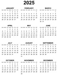 Simple editable vector calendar for year 2025 sundays first, sundays on black, easy to edit and use