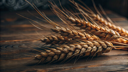A cluster of golden wheat stalks rests on a weathered wooden table, showcasing the beauty of harvest season in a rustic and inviting atmosphere