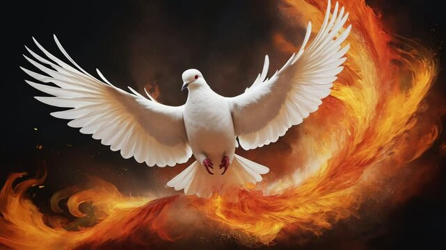 The sacred white dove floated amidst the blazing flames. The dove's feathers shine pure white, contrasting with the orange and fire red colors in the background. 4K