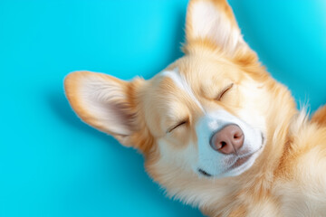 A playful corgi enjoying a nap on a bright blue background in a cozy indoor setting