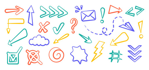 
Set of different arrow shapes with colorful doodle effect hand drawn design in fun visual presentations animated vector illustration