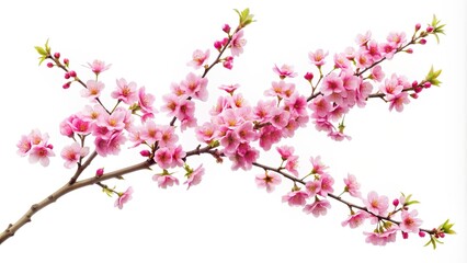 Fototapeta premium white, springtime, petals, flora, botanical, elegance, fresh, high angle, tree, blooming, flower, romantic, isolated,pink, Pink cherry blossom branch in spring isolated on white High Angle