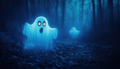 Two glowing ghost figures hover through a misty, dark forest under the moonlight, creating a spectral and intriguing supernatural Halloween theme.