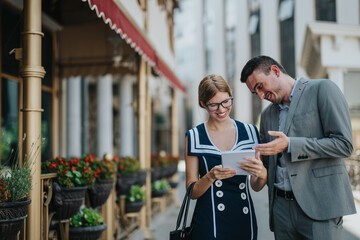 Two business professionals in a lively outdoor setting share a moment of laughter over a notebook....
