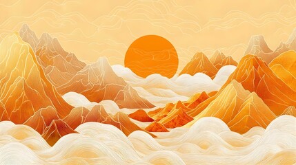 A stunning illustration of a mountain range with a large sun setting over the peaks. The vibrant orange and yellow hues create a warm and serene atmosphere.