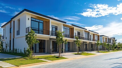Fototapeta premium A row of modern, white townhouses with balconies and green lawns, under a bright blue sky.