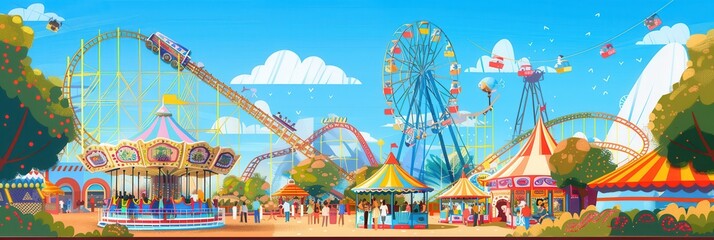 Families and friends gather to enjoy thrilling rides, colorful attractions, and festive games at a lively amusement park. Generative AI