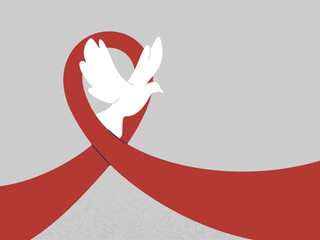 White dove flies through a red ribbon as a symbol of hope and support. Awareness concept for World AIDS day, Cervical Health, High Blood Pressure and Leukemia Months. Vector illustration