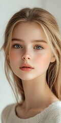 Fototapeta premium Portrait of a young woman with long blonde hair and blue eyes. She is looking directly at the camera with a soft expression. The lighting is soft and natural.