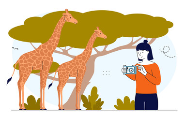 Photo journalist with giraffe. Woman with camera takes photo of giraffe. Tropical wildlife and african savannah. Zoologist and naturalist. Linear vector illustration