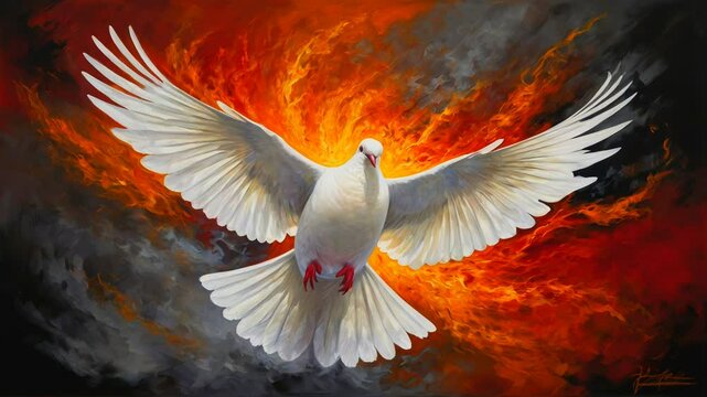 The sacred white dove floated amidst the blazing flames. The dove's feathers shine pure white, contrasting with the orange and fire red colors in the background. 4K