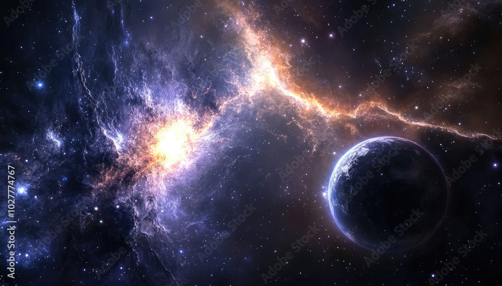 Canvas Prints a breathtaking view of a colorful nebula with a planet in the foreground, showcasing the dazzling be