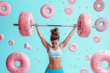 Woman trying to lift a barbell made of big donuts. Dumbbell doughnut. Creative concept for a healthy lifestyle, Bad fitness nutrition, sport and bodybuilding. Weight training, wrong diet, funny food
