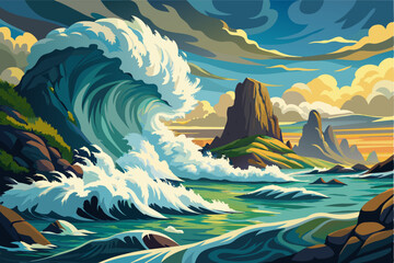 A classic oil painting capturing the realistic beauty of a seascape with dramatic waves and crashing foam