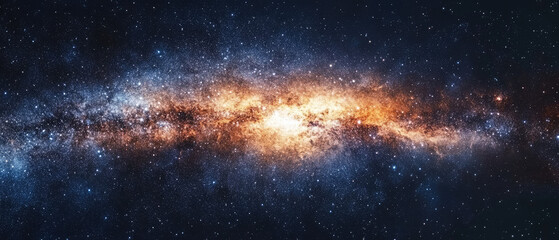 An expansive view of shimmering stars forms a magnificent cosmic panorama, with vibrant hues of blue and gold creating a breathtaking celestial tapestry in space.