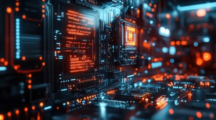 Fototapeta premium Technology Interior machine cyber neon glowing control wall room panel design background wallpaper AI generated image
