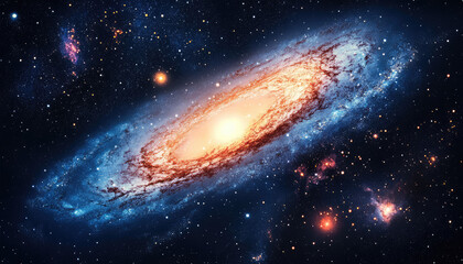 Fototapeta premium A luminous galaxy swirls brilliantly, illuminating the vast cosmic field around it, with stars scattered throughout, painting a breathtaking celestial scene.