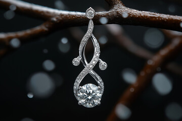 Fototapeta premium Diamond pendant closeup. Sparkling precious luxury jewelry on minimalist nature background